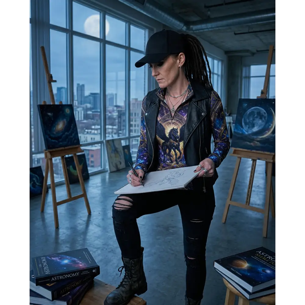 A woman wearing a black leather vest over a galaxy print astral ascension performance equestrian sun shirt upf50 plus