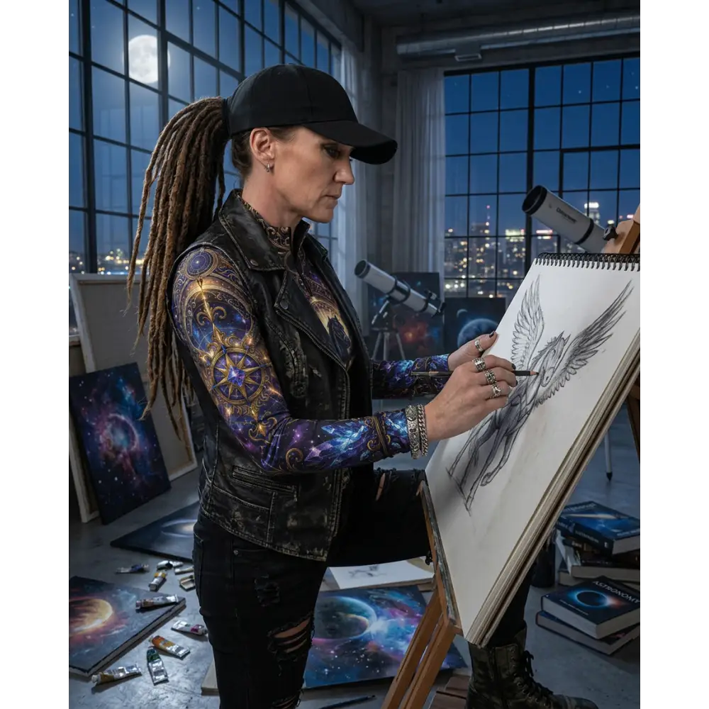 A woman sketching an angel wearing a galaxy-patterned astral ascension performance equestrian sun shirt upf50+