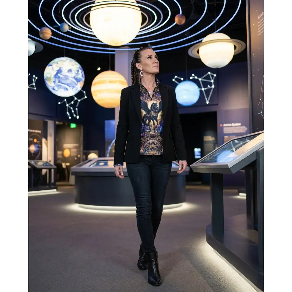 A woman wearing a black blazer over a vibrant astral ascension performance equestrian sun shirt upf50+ with celestial designs