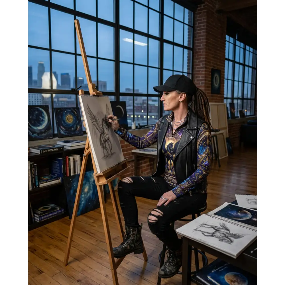 Artist wearing a black cap, leather vest over a colorful galaxy-patterned astral ascension performance equestrian sun shirt upf50+