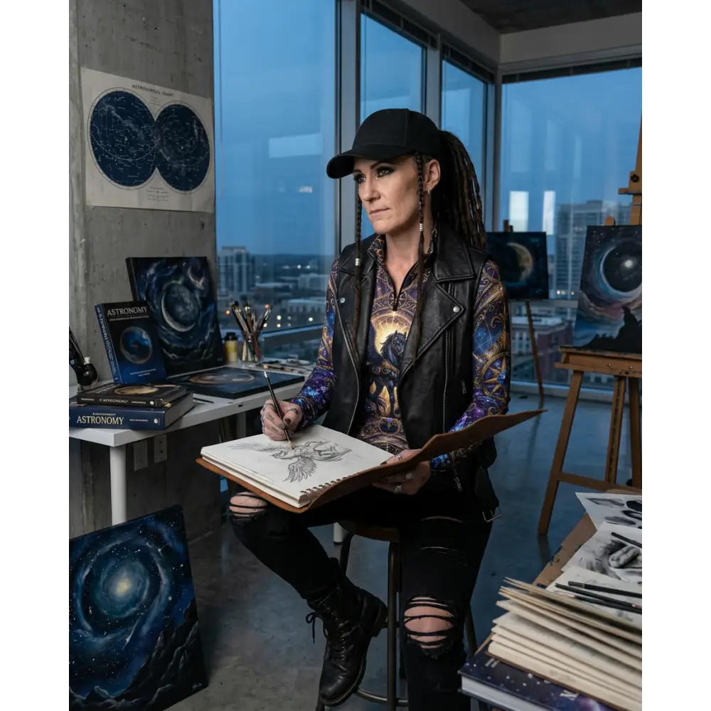 Artist wearing astral ascension performance equestrian sun shirt with black leather vest ripped jeans and combat boots
