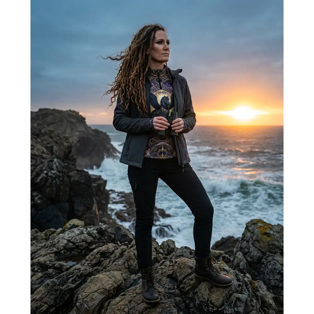 Woman wearing a dark gray astral ascension performance equestrian sun shirt upf50 plus standing on rocky ocean terrain at sunset