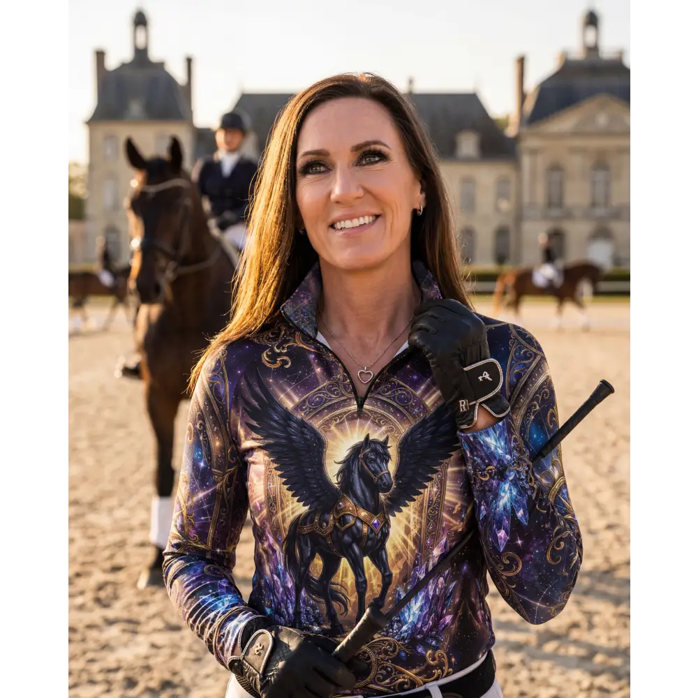 A vibrant long-sleeved performance equestrian sun shirt with a black winged horse print on a cosmic purple and gold background