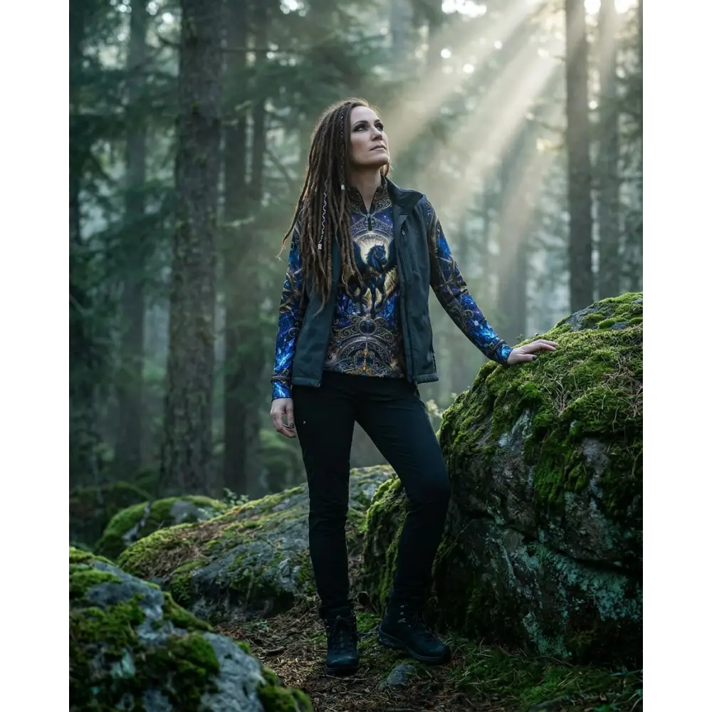 Woman wearing astral ascension performance equestrian sun shirt with blue black pattern and dark gray vest