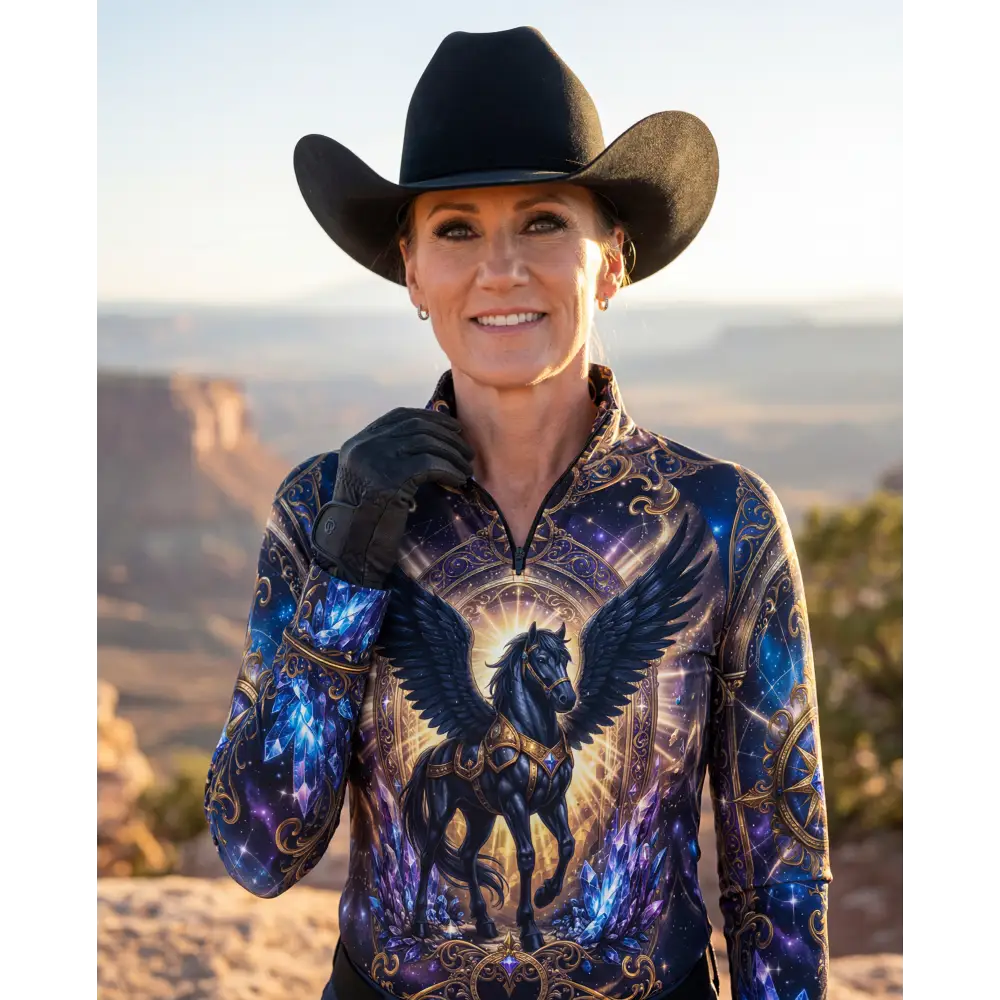 Astral ascension performance equestrian sun shirt upf50 plus with black winged horse on cosmic blue purple galaxy background