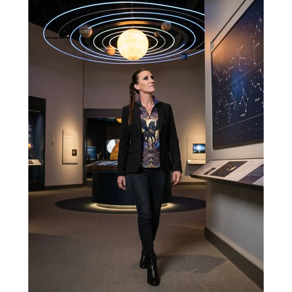 Woman wearing astral ascension performance equestrian sun shirt upf50 plus with blue and gold celestial blouse design