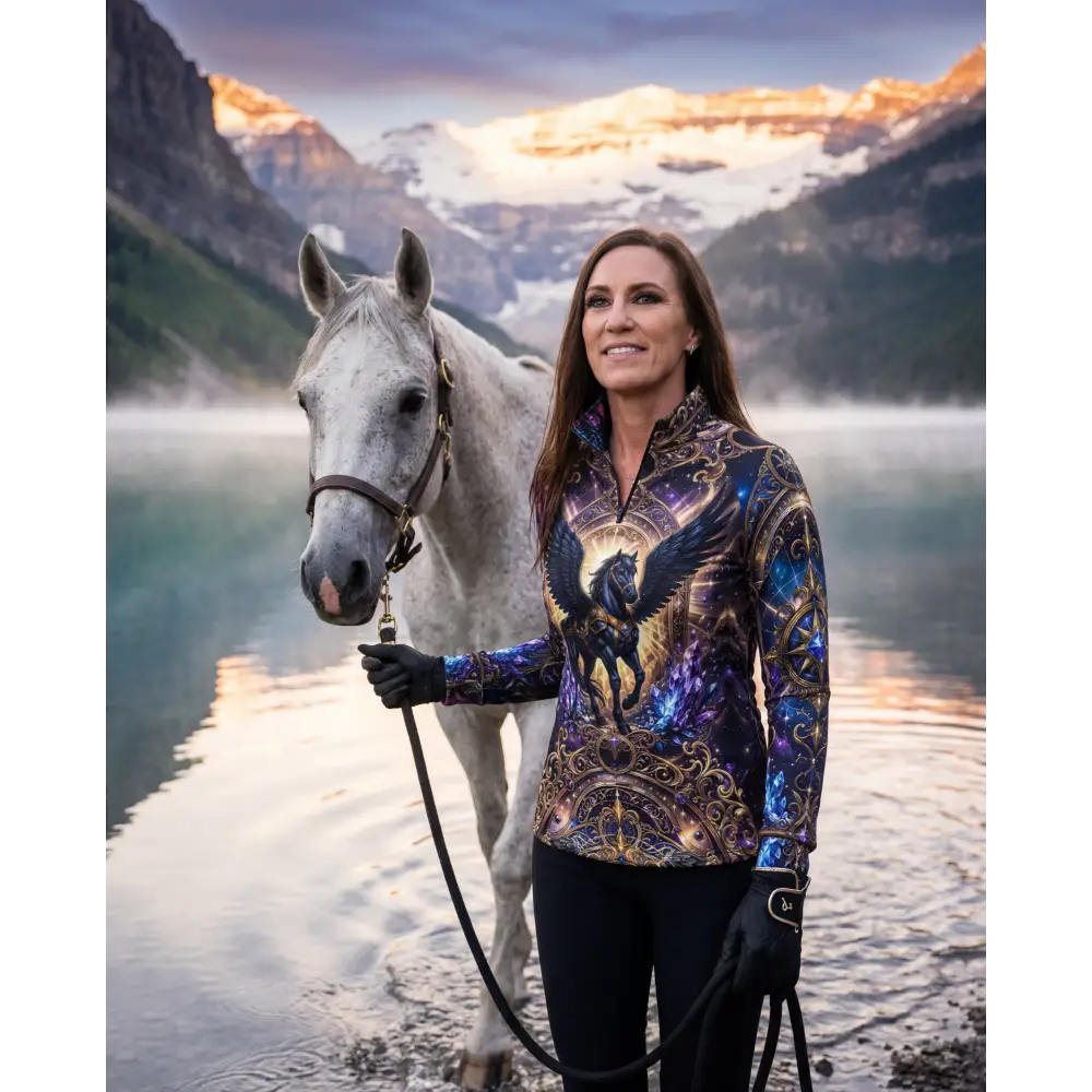 A vibrant long-sleeved astral ascension performance equestrian sun shirt with cosmic winged horse design in blue purple