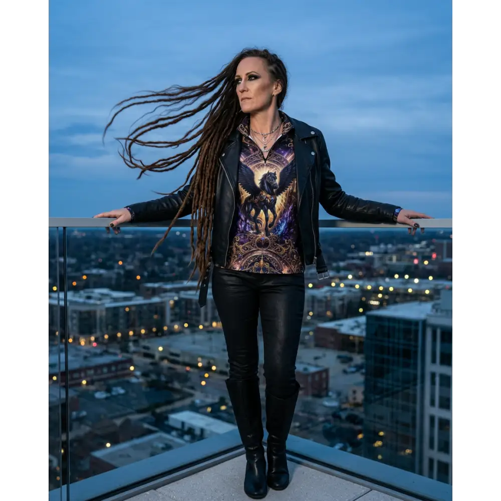 Black leather jacket with detailed eagle and horse graphic print on front from astral ascension performance equestrian sun shirt upf50+