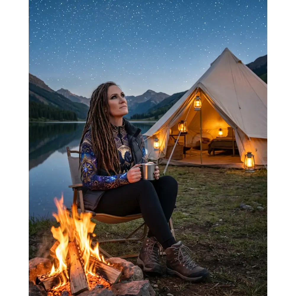 A cream-colored canvas bell tent illuminated by hanging lanterns showcasing astral ascension performance equestrian sun shirt upf50+
