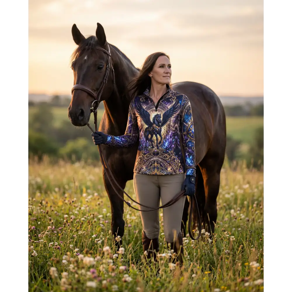 A woman wearing a vibrant long-sleeved astral ascension performance equestrian sun shirt with a blue purple phoenix design