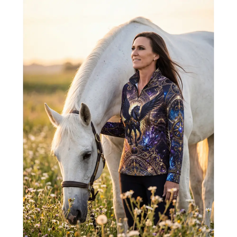 A woman wears an astral ascension performance equestrian sun shirt upf50 plus with cosmic purple blue design and dark wings