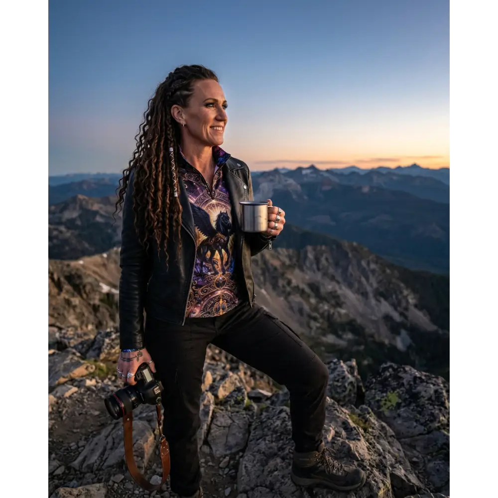 A metallic silver mug with a simple cylindrical design and handle featured alongside the astral ascension performance equestrian sun shirt upf50+