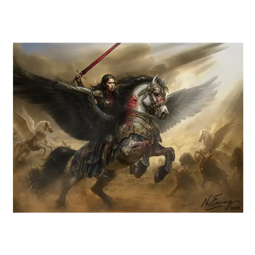 Heavily armored female warrior riding a winged blood-splattered warhorse on Fantasy Pegasus Canvas Wrap