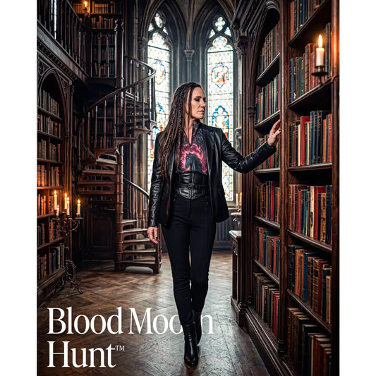Black leather jacket with vibrant red and black blood moon hunt graphic print by karen reinertson on the chest