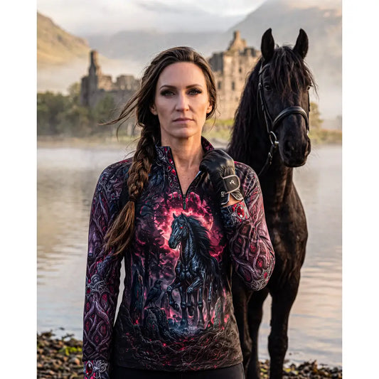 Black horse-themed long-sleeve zip-up shirt with pink purple fantasy designs from blood moon hunt by karen reinertson