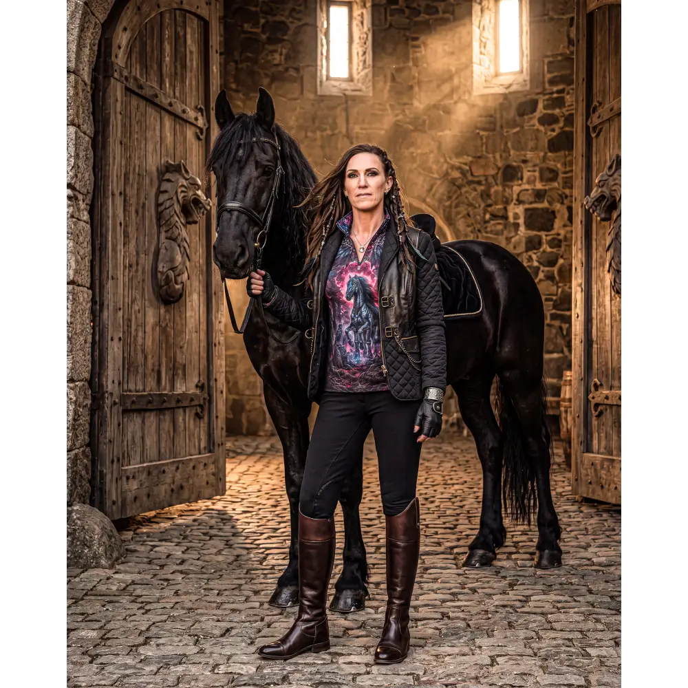 A black horse with glossy coat stands beside a woman wearing blood moon hunt performance equestrian sun shirt upf50+