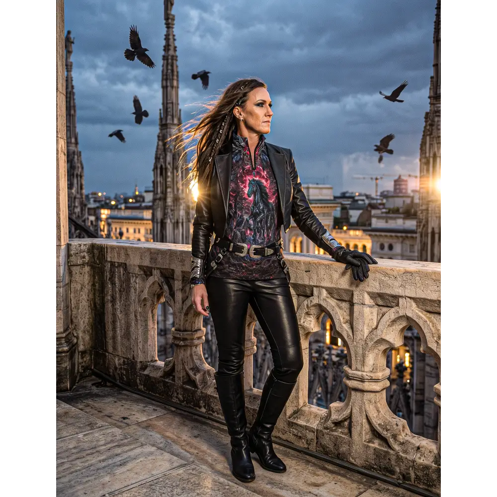 Black leather jacket with a vibrant glowing horse graphic front for blood moon hunt performance equestrian sun shirt upf50+