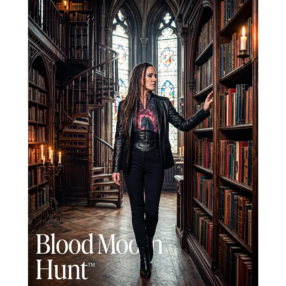 Black leather jacket with vibrant red and black graphic print on the chest from blood moon hunt performance equestrian sun shirt upf50+