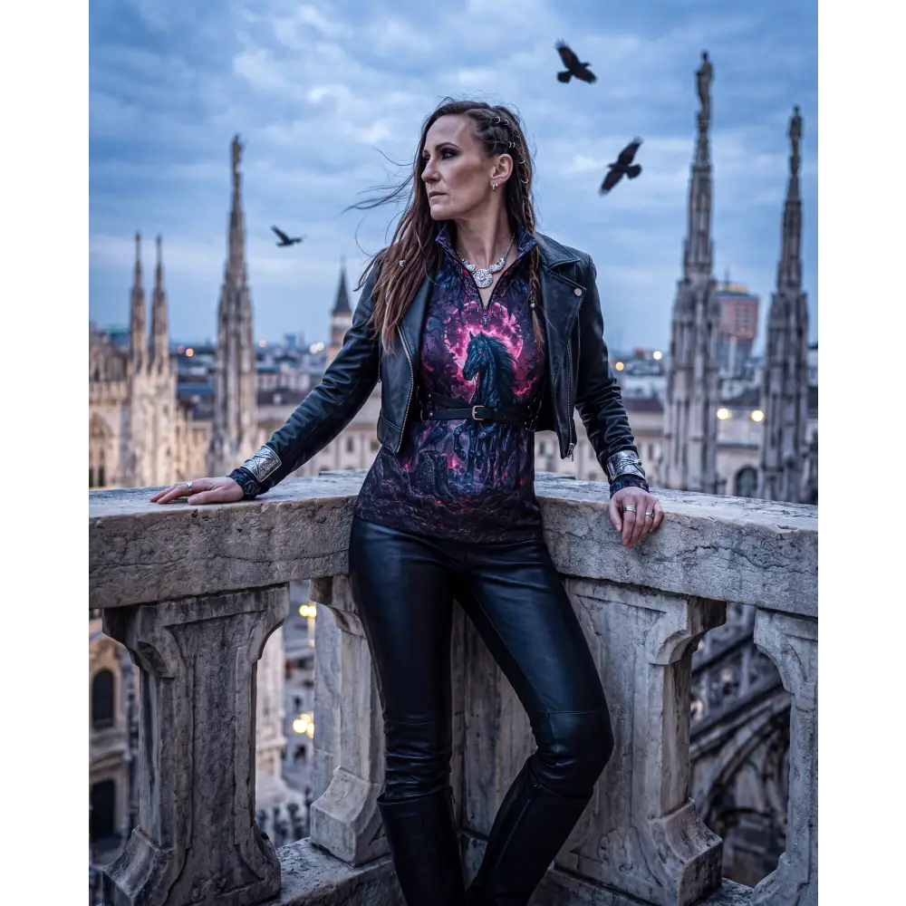 Black leather jacket with silver hardware and subtle sheen shown from the back in blood moon hunt performance equestrian sun shirt upf50+ style
