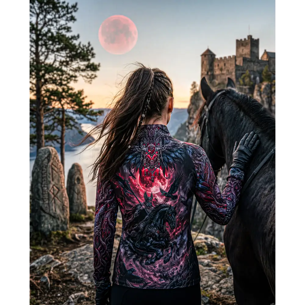 A woman wearing a black and pink blood moon hunt performance equestrian sun shirt with dark fantasy artwork and UPF50+ protection