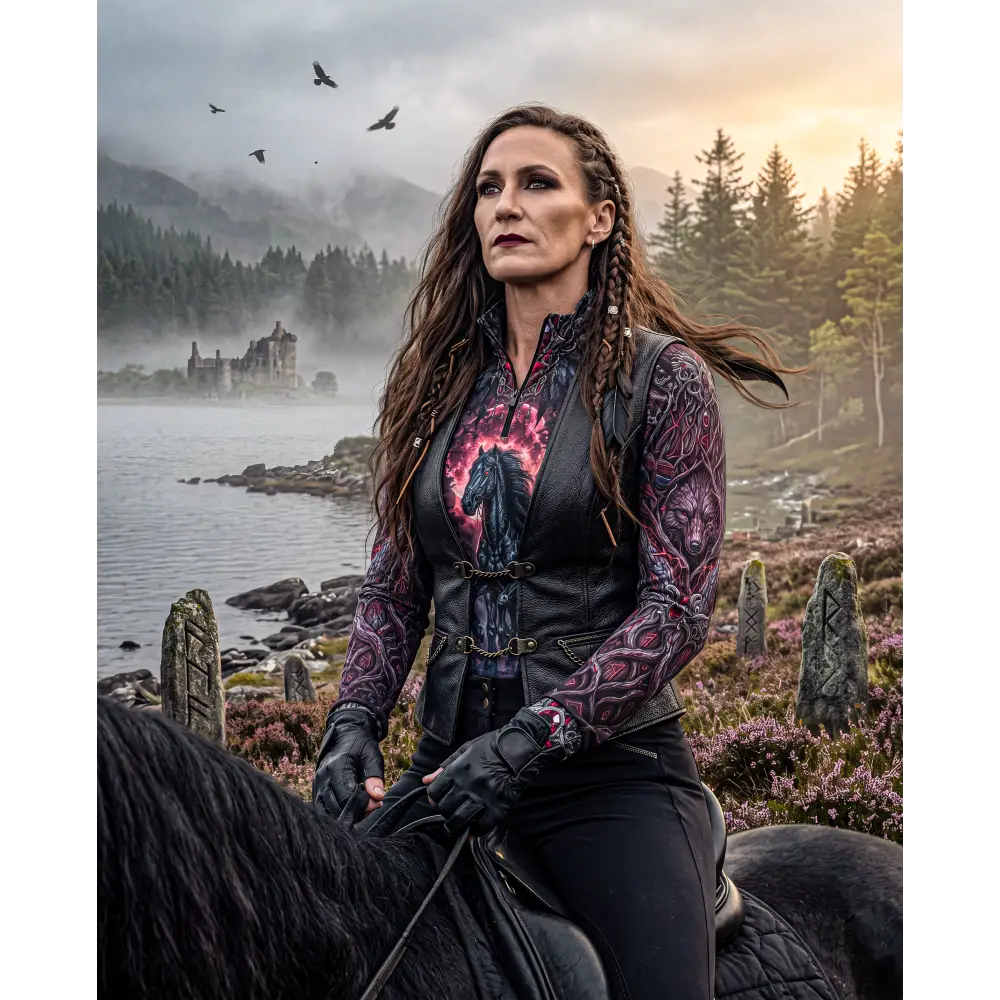 Black leather vest with purple pink tribal embroidery over a blood moon hunt performance equestrian sun shirt upf50+