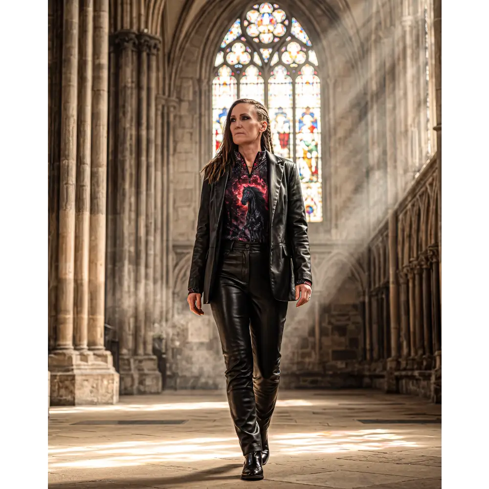 Black leather blazer with subtle sheen worn over dark graphic tee featuring red and black horse design blood moon hunt sun shirt