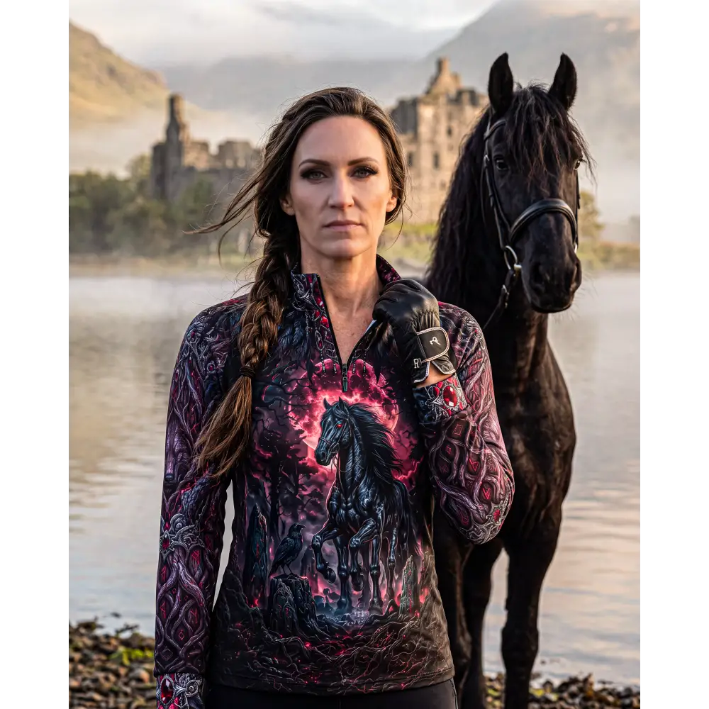 Blood moon hunt performance equestrian sun shirt upf50 plus black long-sleeve zip-up with pink purple fantasy design