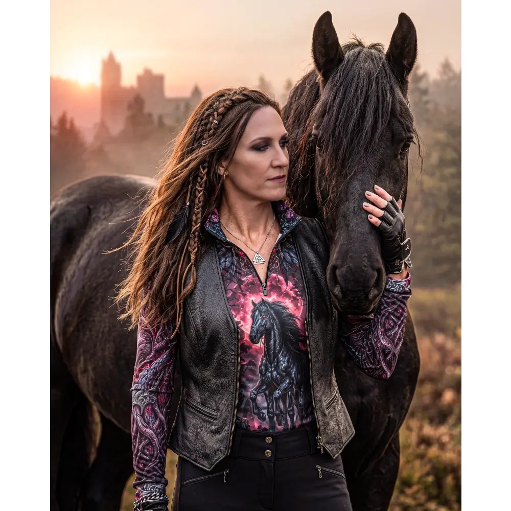 Black leather vest with horse graphic print worn over patterned long-sleeve blood moon hunt performance equestrian sun shirt upf50+