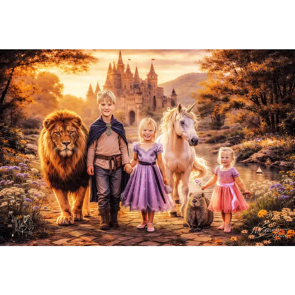 A young girl in a purple sparkly tulle dress stands beside children on a stone path in a 20x30 framed custom fantasy portrait with cinematic compositing