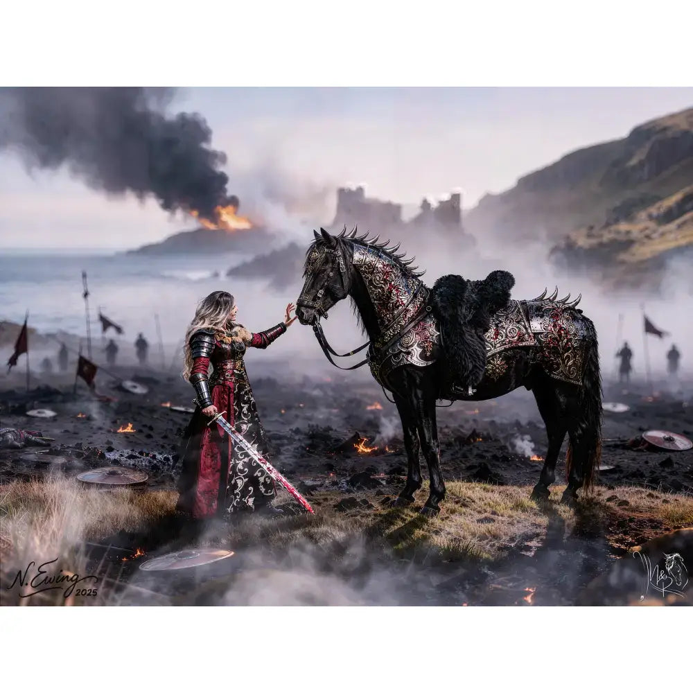 Bronze tier custom equine portrait featuring a black horse in silver and red ornate armor with decorative mane and tail, 20x30 framed cinematic compositing