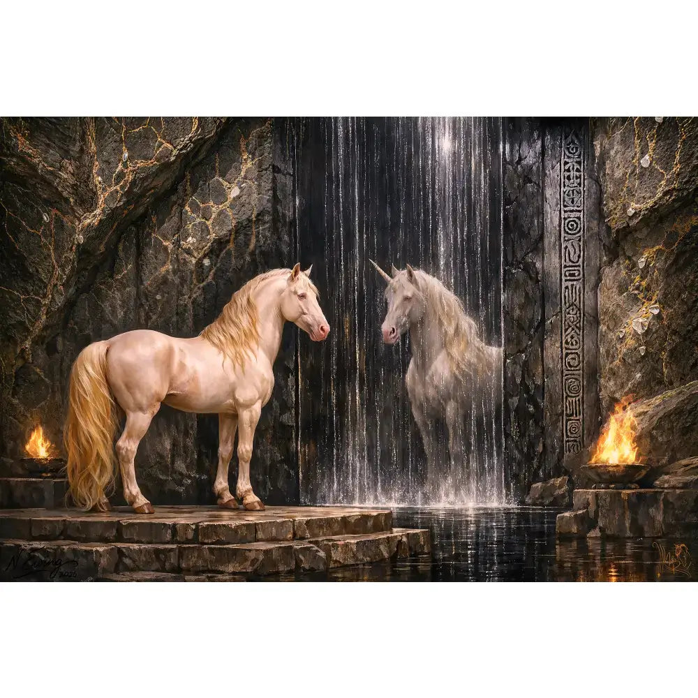 Bronze tier custom equine portrait features a cream horse and white unicorn in cinematic compositing 20x30 framed fantasy art