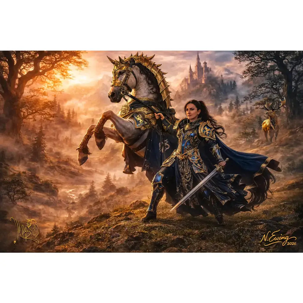 Bronze tier custom fantasy equine portrait of a white horse with golden armor in cinematic compositing 20x30 framed