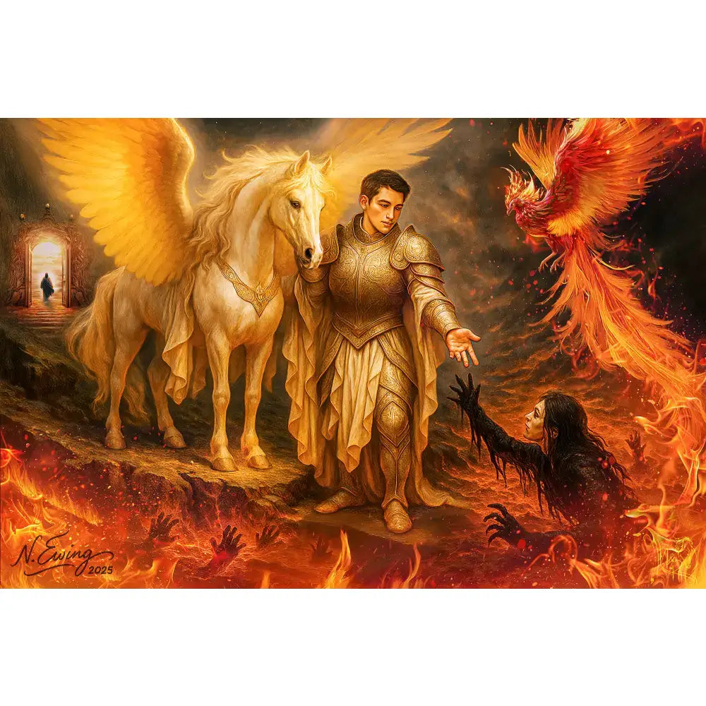 Bronze tier custom fantasy equine portrait featuring a golden armored knight and white winged horse in fiery cinematic compositing 20x30 framed