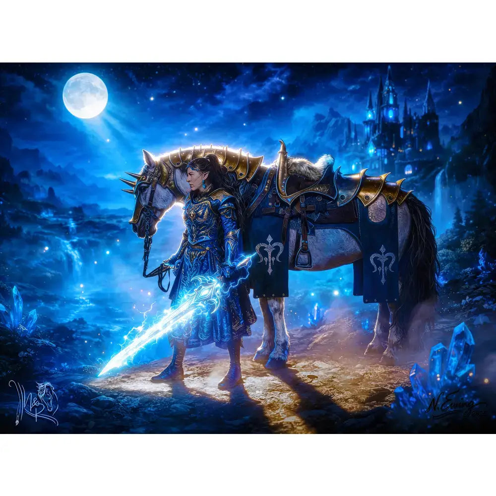 Bronze tier custom fantasy equine portrait featuring blue-tinged knight with glowing sword and white horse in 20x30 framed cinematic compositing