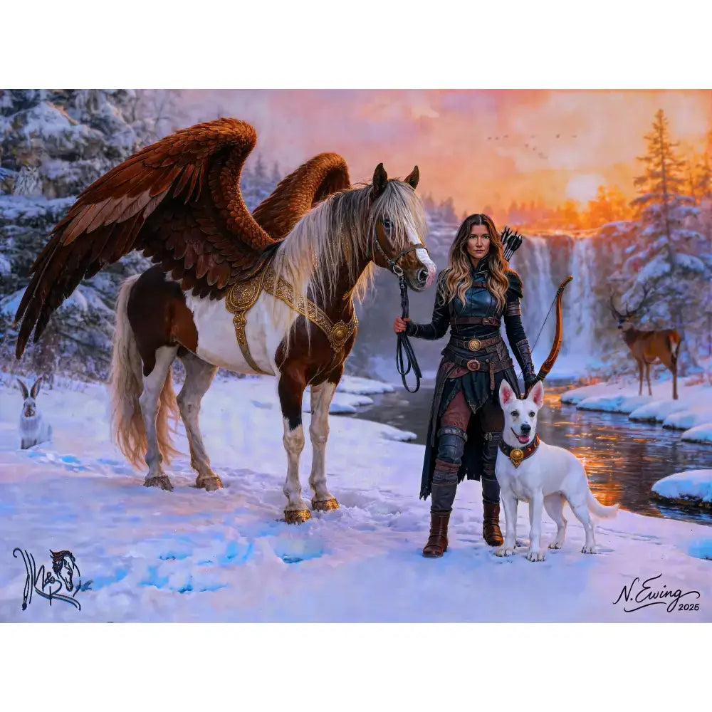 Bronze tier custom equine portrait of brown and white winged horse with golden harness in snow cinematic compositing 20x30 framed