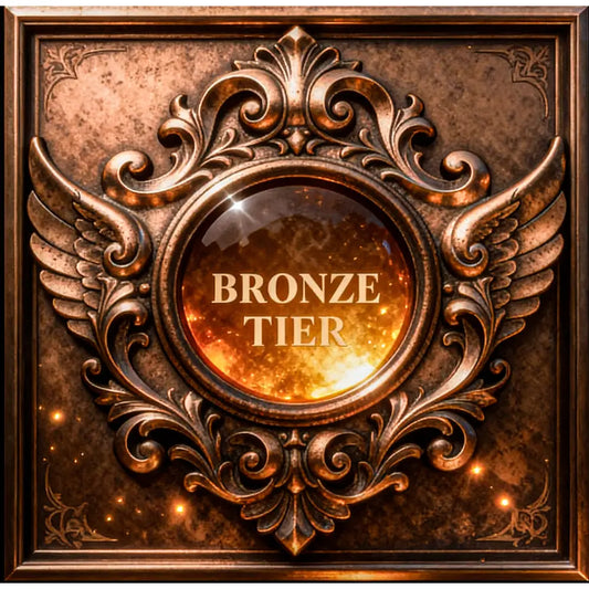 Bronze tier custom equine portrait emblem with ornate wings and glossy center for 20x30 framed fantasy art commission