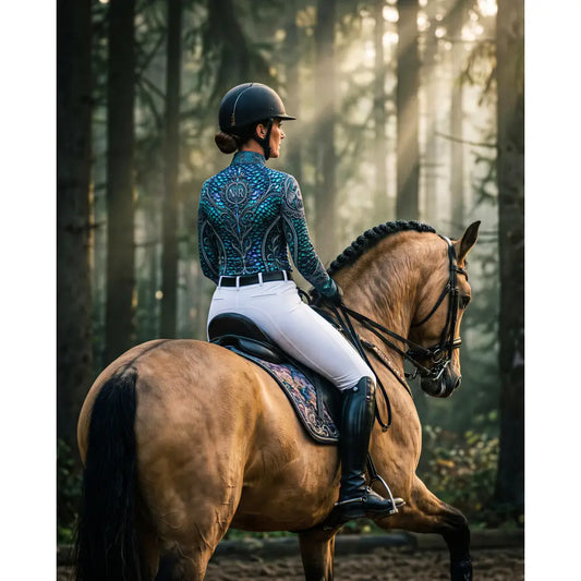 A rider in a black helmet wearing the teal dragon scale collection equestrian sun shirt for athletic comfort on a light brown horse