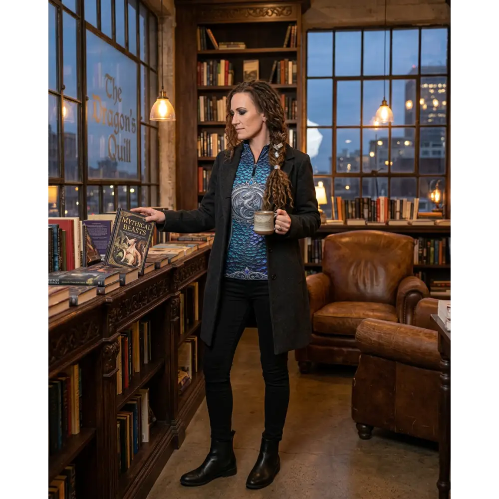 Woman wearing caelestia draconis black performance equestrian sun shirt with silver dragon embroidery holding mug indoors