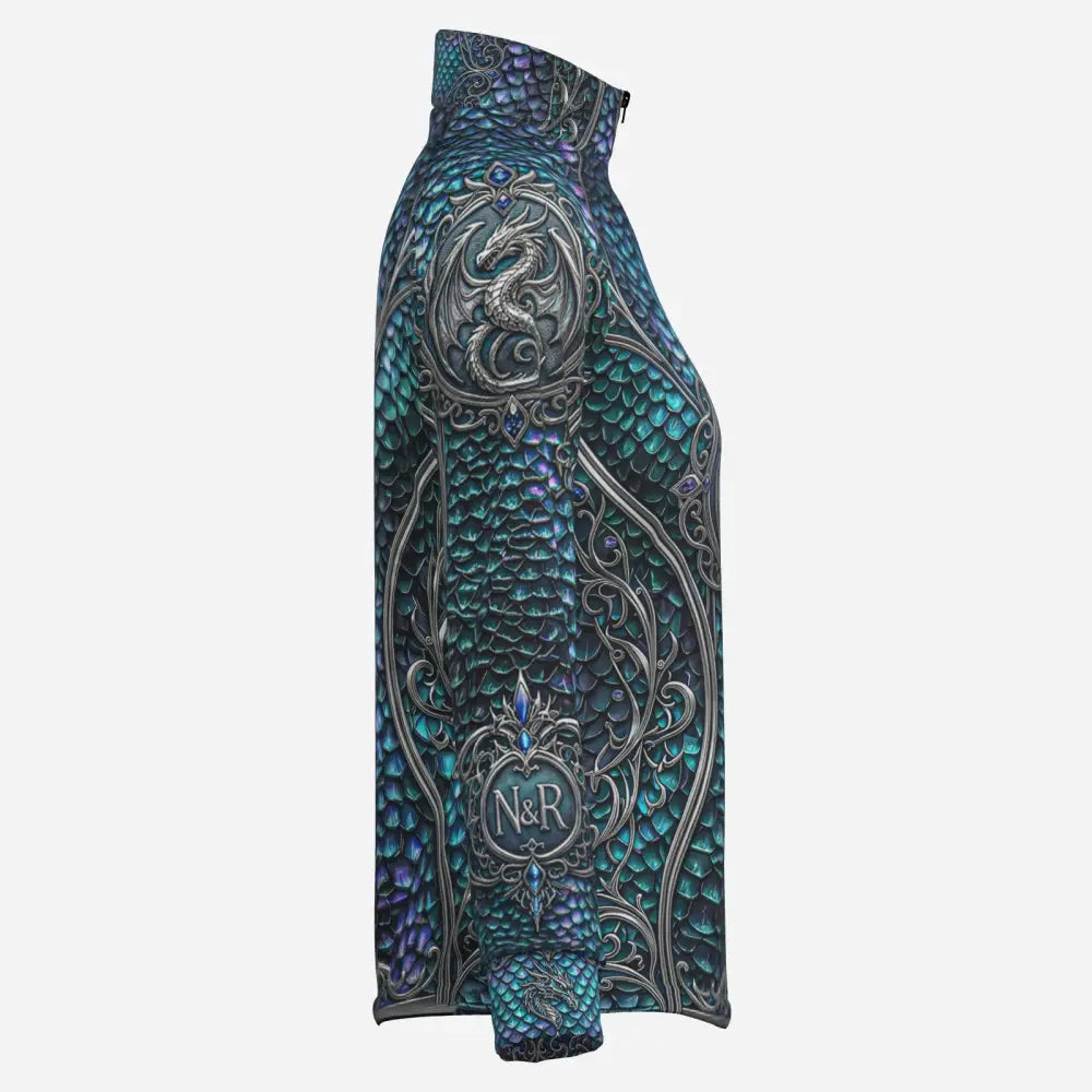 Caelestia Draconis performance equestrian sun shirt in iridescent teal purple with dragon scale pattern and silver embellishments