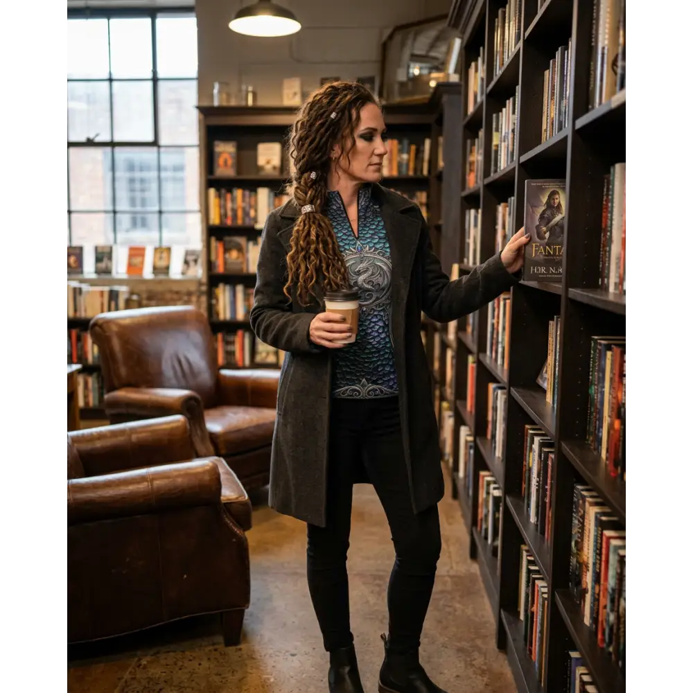A woman wearing a blue patterned caelestia draconis performance equestrian sun shirt upf50 plus in a bookstore aisle