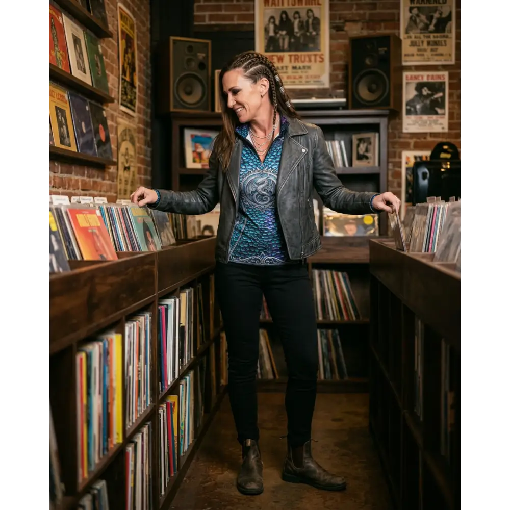 Woman wearing a black leather jacket over a blue patterned caelestia draconis performance equestrian sun shirt upf50+