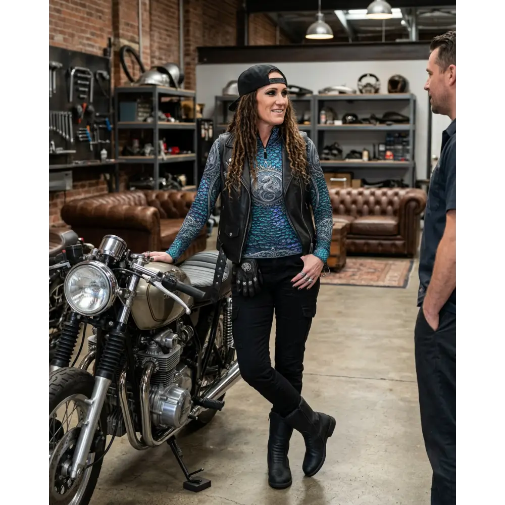 Black leather motorcycle vest with intricate blue and silver dragon embroidery over matching patterned upf50 equestrian sun shirt