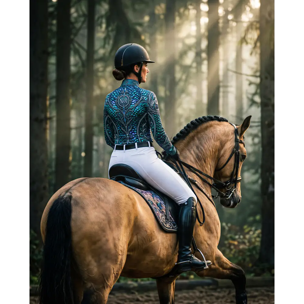 A rider wearing a teal patterned caelestia draconis performance equestrian sun shirt upf50 plus on a light brown horse