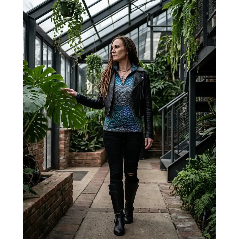 Black leather moto jacket with detailed blue and silver dragon design from Caelestia Draconis performance equestrian sun shirt upf50+