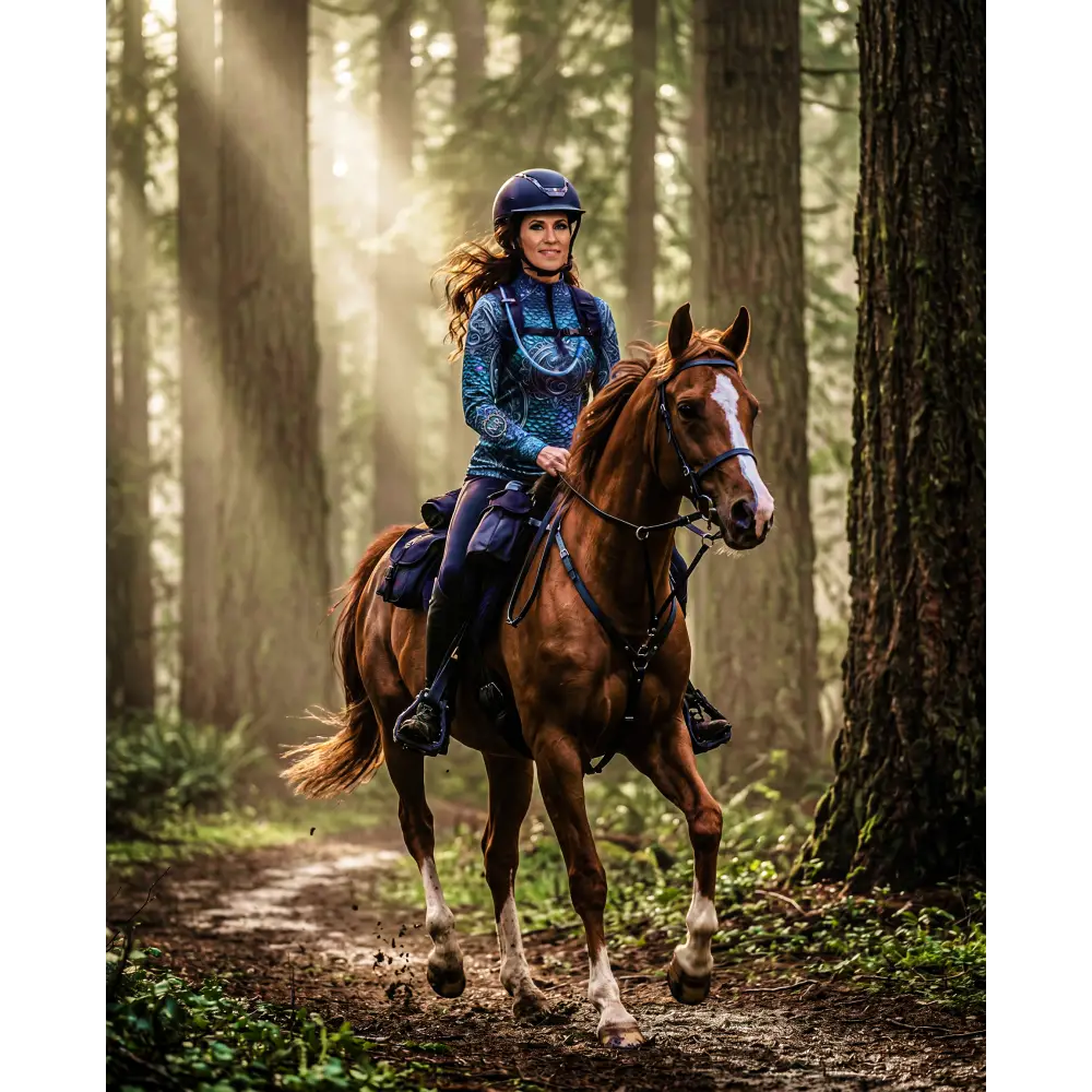 A chestnut horse with a white blaze wears the caelestia draconis performance equestrian sun shirt upf50 plus