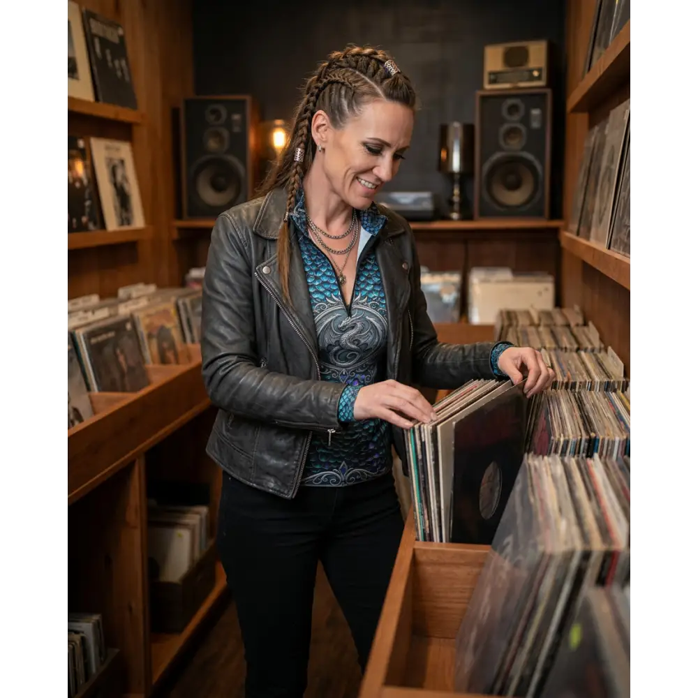 Woman browsing vinyl records wearing caelestia draconis black leather jacket and patterned blue UPF50+ sun shirt
