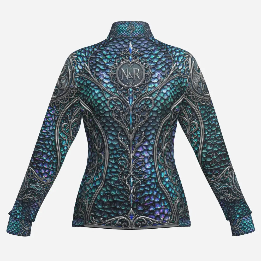 A caelestia draconis performance equestrian sun shirt with high neck long sleeves and iridescent teal purple dragon-scale pattern