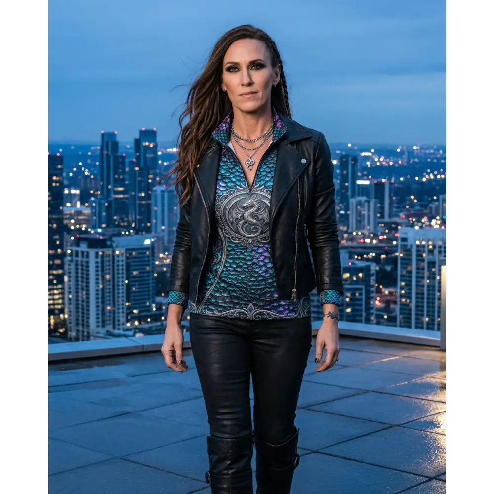 Black leather biker jacket with zipper closure and textured cuffs in caelestia draconis performance equestrian sun shirt upf50+