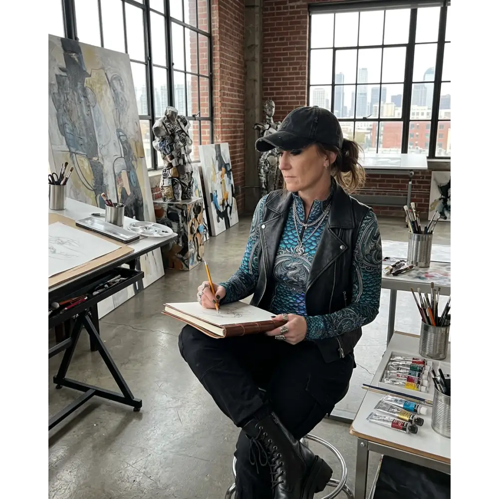 A woman wearing a black leather vest over a blue patterned Caelestia Draconis performance equestrian sun shirt upf50 plus
