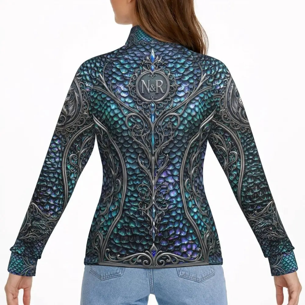Caelestia Draconis performance equestrian sun shirt with long sleeves high neck and teal purple dragon-scale pattern